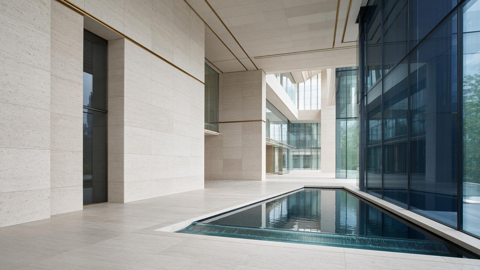 A limestone and glass atrium with a still reflecting pool