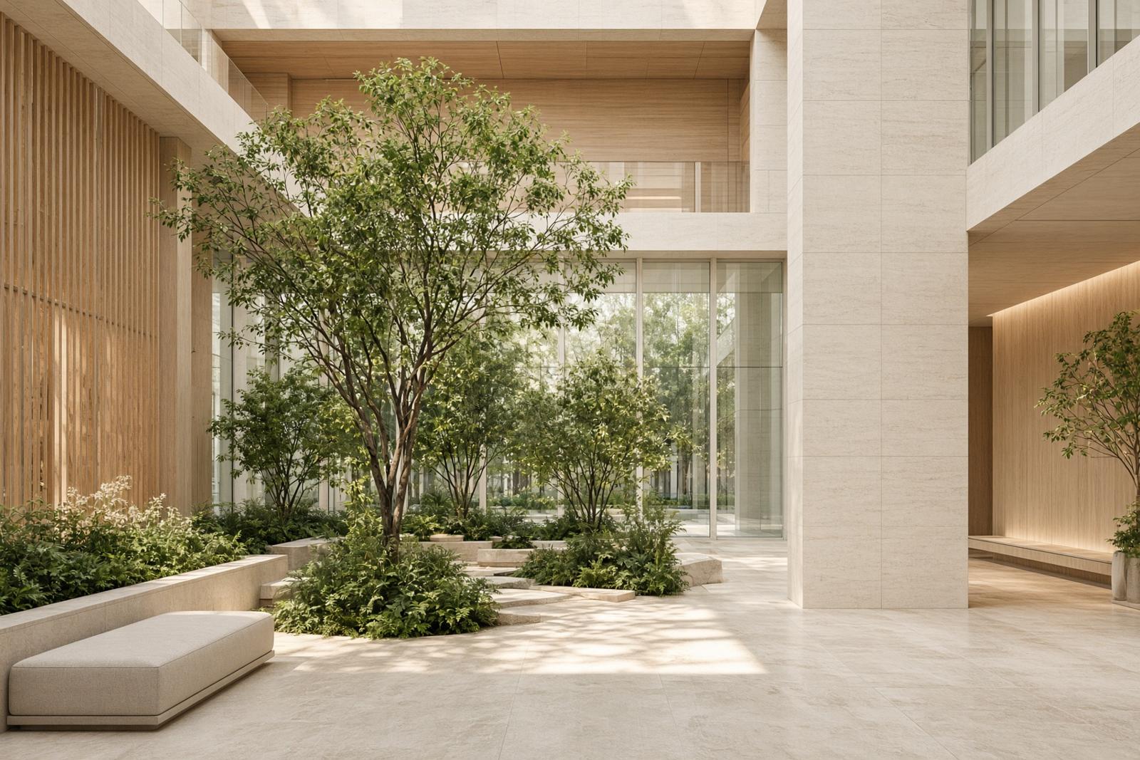 A calm stone and glass courtyard with still water and warm daylight