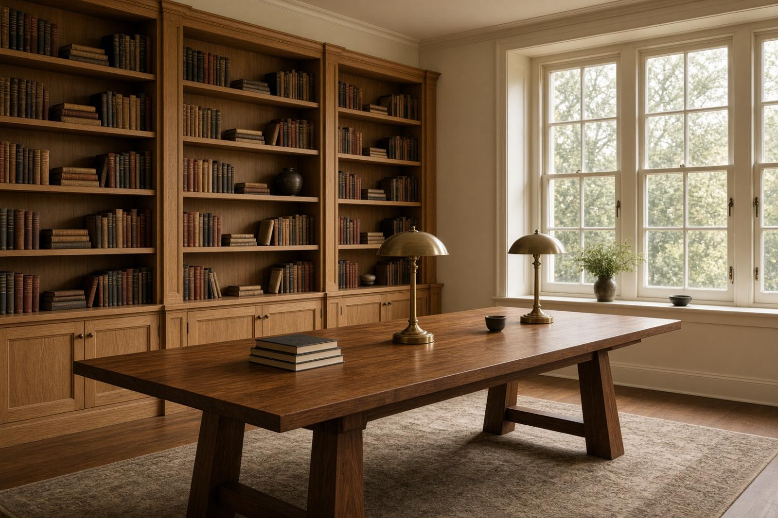 A long walnut table in a quiet professional library